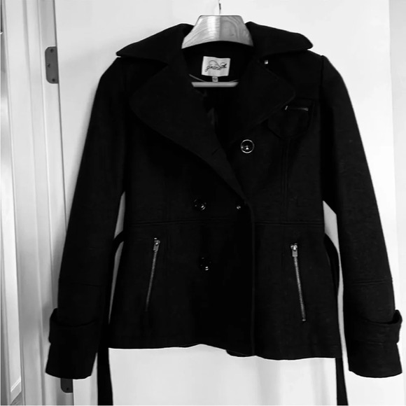 Grane sz large, dark heather gray, pea coat style, button front with tie - Picture 1 of 7